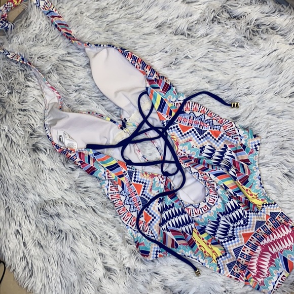 Bar III Printed Plunge Lace Up One Piece Swimsuit - Picture 2 of 6